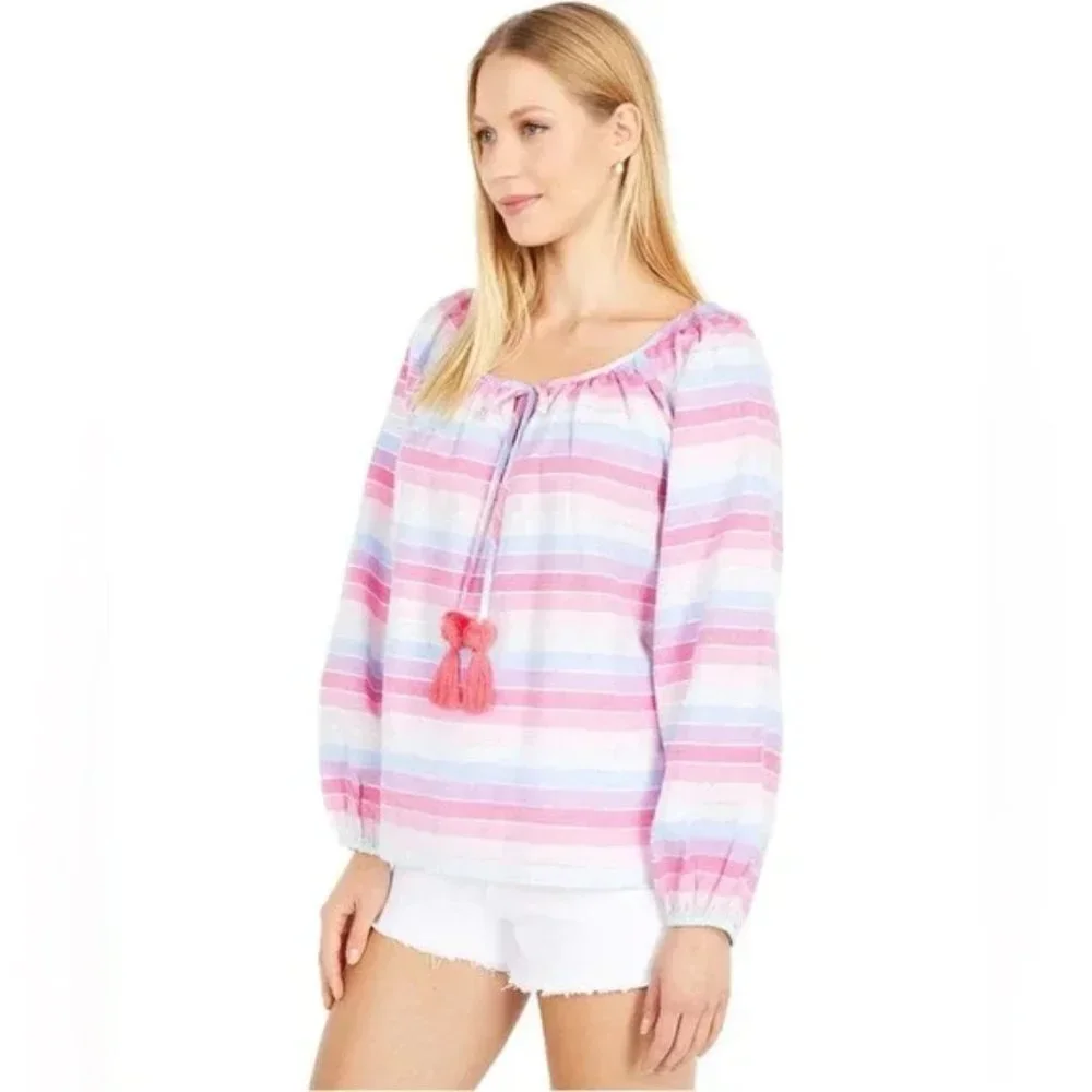 NWT J. Crew Peasant Top in Metallic Pastel Stripe Front Tassel Tie Size L